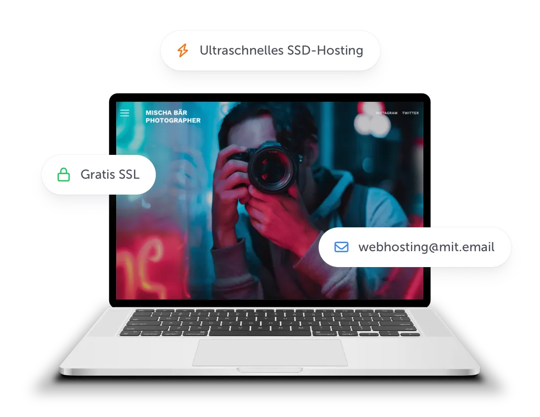 Illustration für Webhosting, zeigt ein Laptop mit einer Fotografen-Website abgebildet. Darüber drei Textboxen mit den Worten Gratis SSL, ultraschnelles SSD-Hosting und eine Muster E-Mail-Adresse.
